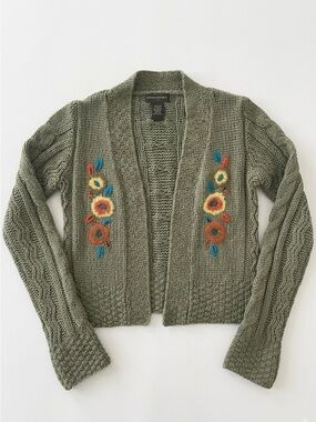 Banana Republic Women's S Vintage Floral Embroidered Cable Knit Cardigan Olive